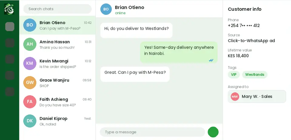 Wabachimp shared inbox showing a customer chat assigned to a sales agent